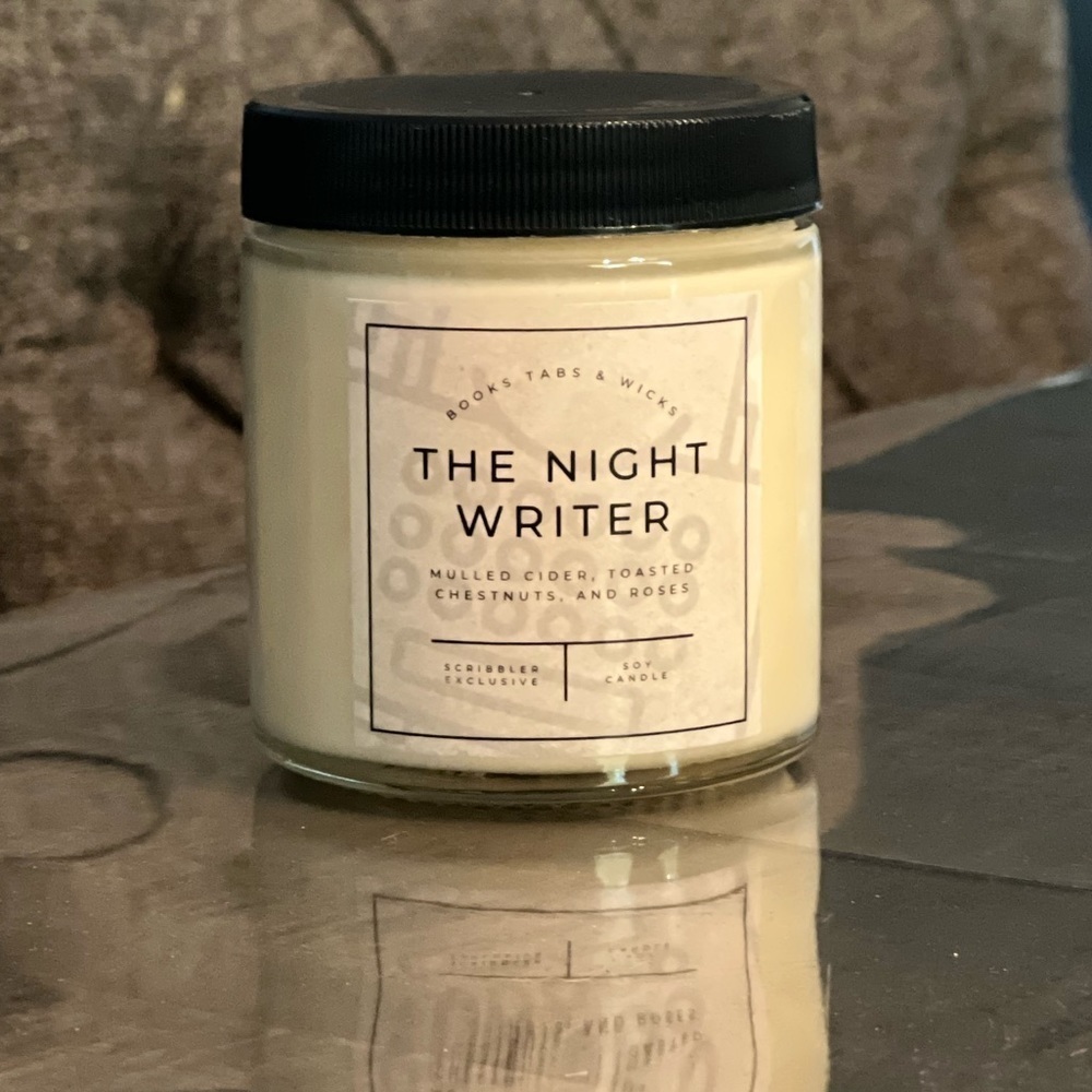 Books Tabs & Wicks The Night Writer Soy Candle Mulled Cider Chestnuts Roses